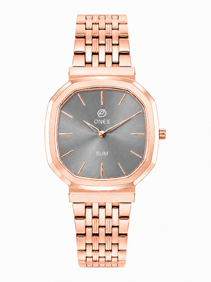 Onex Slim Rose Gold Stainless Steel Analog Watch for Women | Grey Sunray Dial | Elegant Bracelet Strap