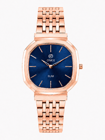 Onex Slim Rose Gold Stainless Steel Analog Watch for Women | Blue Sunray Dial | Elegant Bracelet Strap
