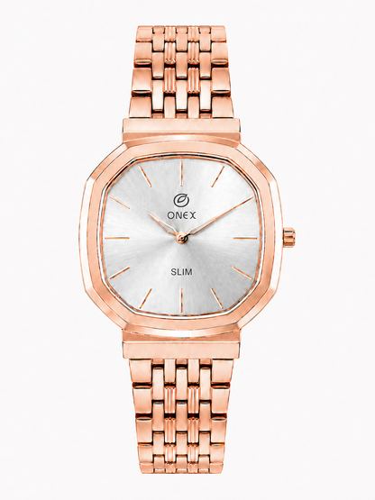 Onex Slim Rose Gold Stainless Steel Analog Watch for Women | Silver Sunray Dial | Elegant Bracelet Strap