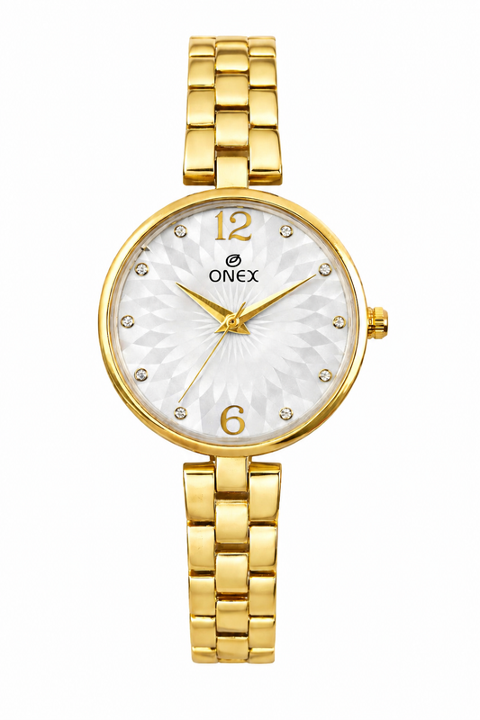 ONEX Women’s Gold-Tone Designer Bracelet Watch with Crystal Studded Dial Silver