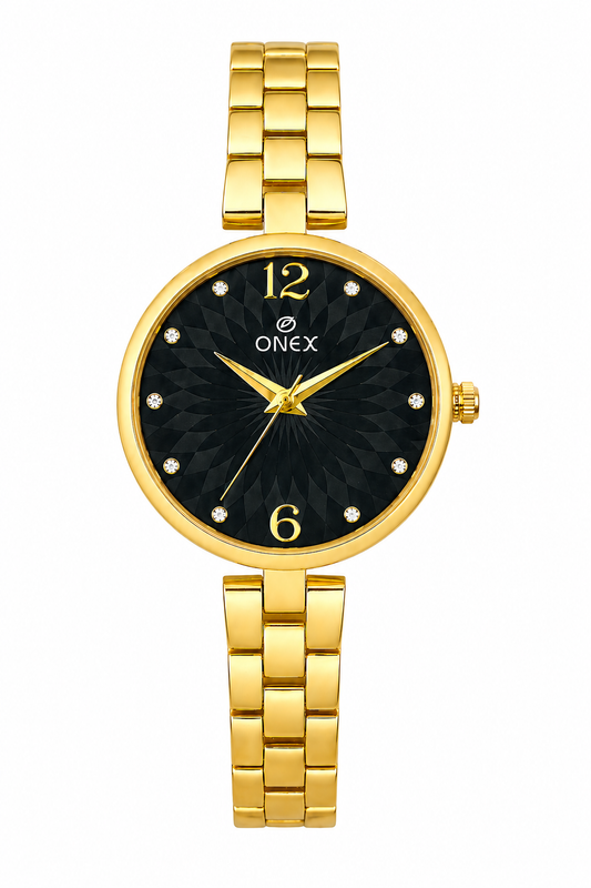 ONEX Women’s Gold-Tone Designer Bracelet Watch with Crystal Studded Dial Black