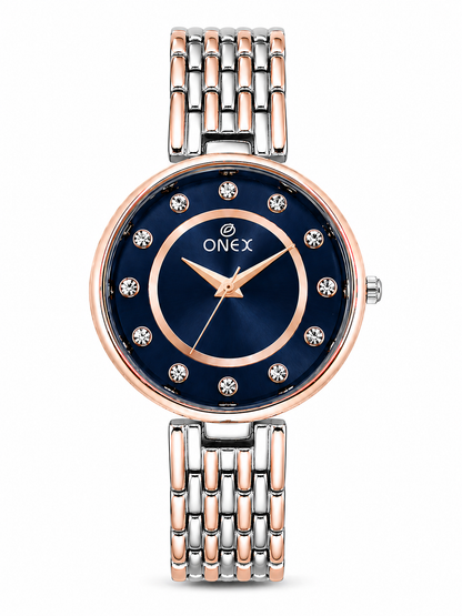 Onex Women’s Blue Analog Watch with Crystal Studded Dial & Dual Tone Bracelet Strap