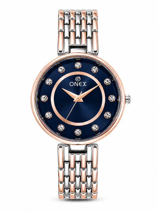 Onex Women’s Blue Analog Watch with Crystal Studded Dial & Dual Tone Bracelet Strap
