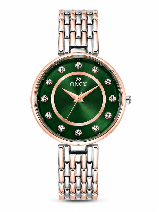 Onex Women’s Green Analog Watch with Crystal Studded Dial & Dual Tone Bracelet Strap