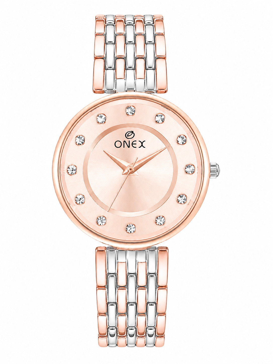 Onex Women’s Rose Gold Analog Watch with Crystal Studded Dial & Dual Tone Bracelet Strap