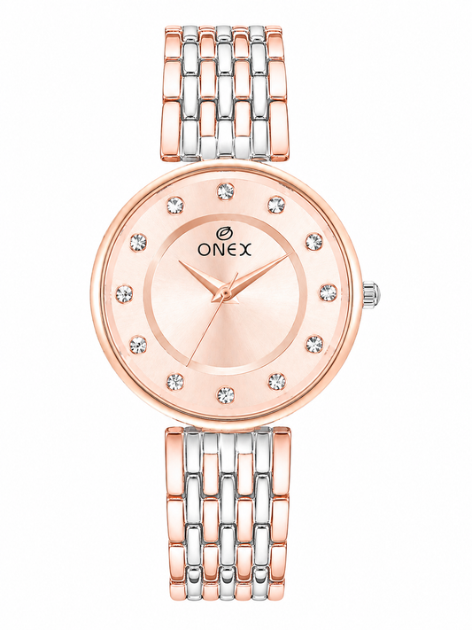 Onex Women’s Rose Gold Analog Watch with Crystal Studded Dial & Dual Tone Bracelet Strap