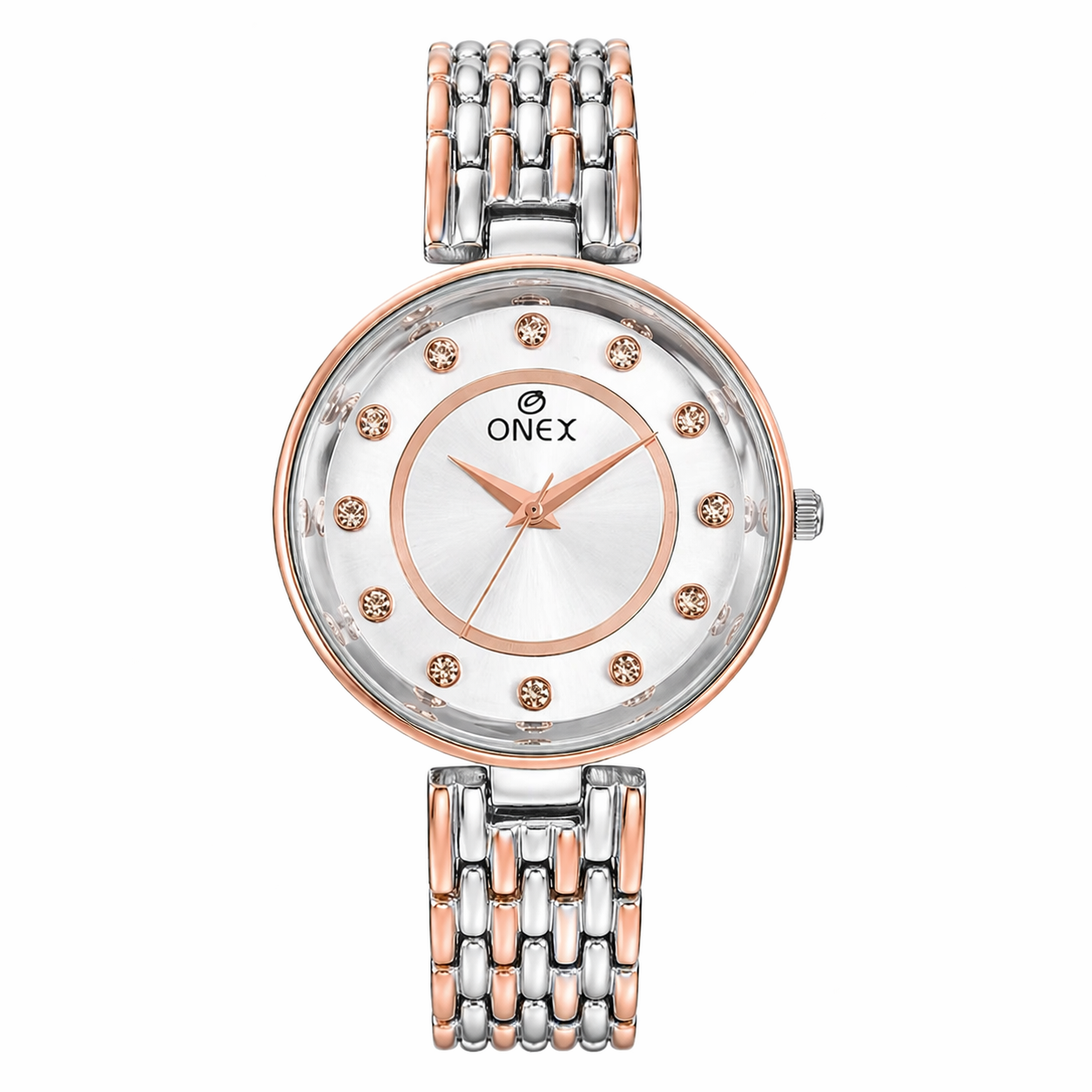 Onex Women’s Silver Analog Watch with Crystal Studded Dial & Dual Tone Bracelet Strap