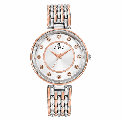 Onex Women’s Silver Analog Watch with Crystal Studded Dial & Dual Tone Bracelet Strap