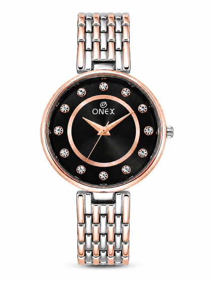 Onex Women’s Black Analog Watch with Crystal Studded Dial & Dual Tone Bracelet Strap