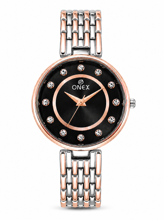 Onex Women’s Black Analog Watch with Crystal Studded Dial & Dual Tone Bracelet Strap