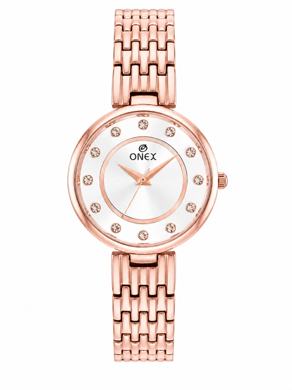 Onex Women’s Silver Analog Watch with Crystal Studded Dial & Stainless Steel Bracelet