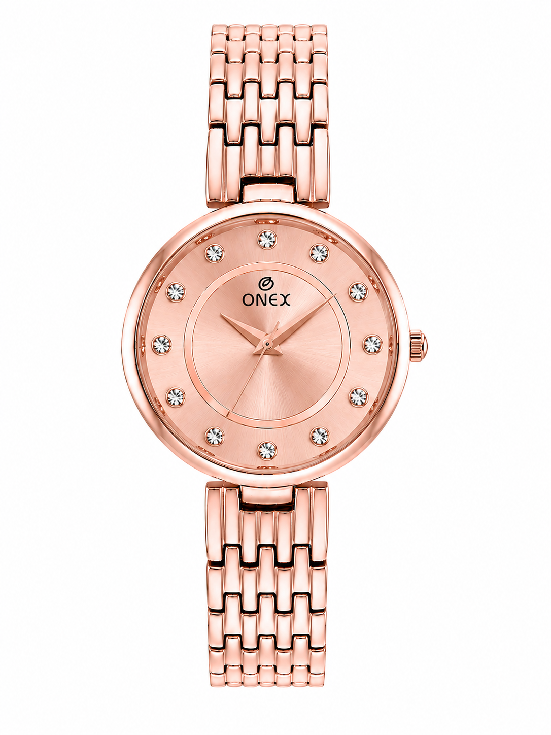 Onex Women’s Rose Gold Analog Watch with Crystal Studded Dial & Stainless Steel Bracelet