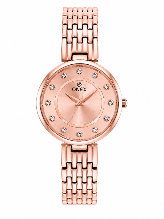 Onex Women’s Rose Gold Analog Watch with Crystal Studded Dial & Stainless Steel Bracelet