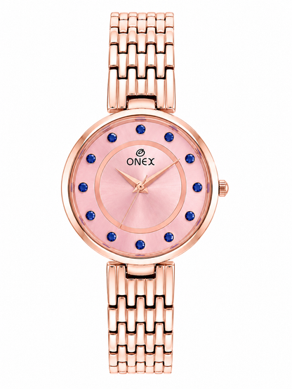 Onex Women’s Pink Analog Watch with Crystal Studded Dial & Stainless Steel Bracelet