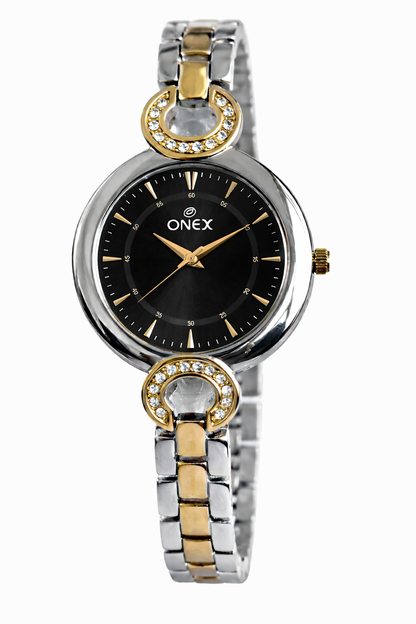 Onex Women’s Black Dial Two-Tone Bracelet Watch with Crystal Accents
