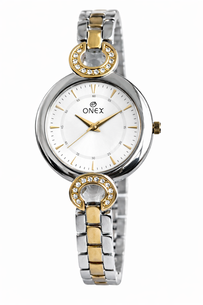 Onex Women’s Silver Dial Two-Tone Bracelet Watch with Crystal Accents