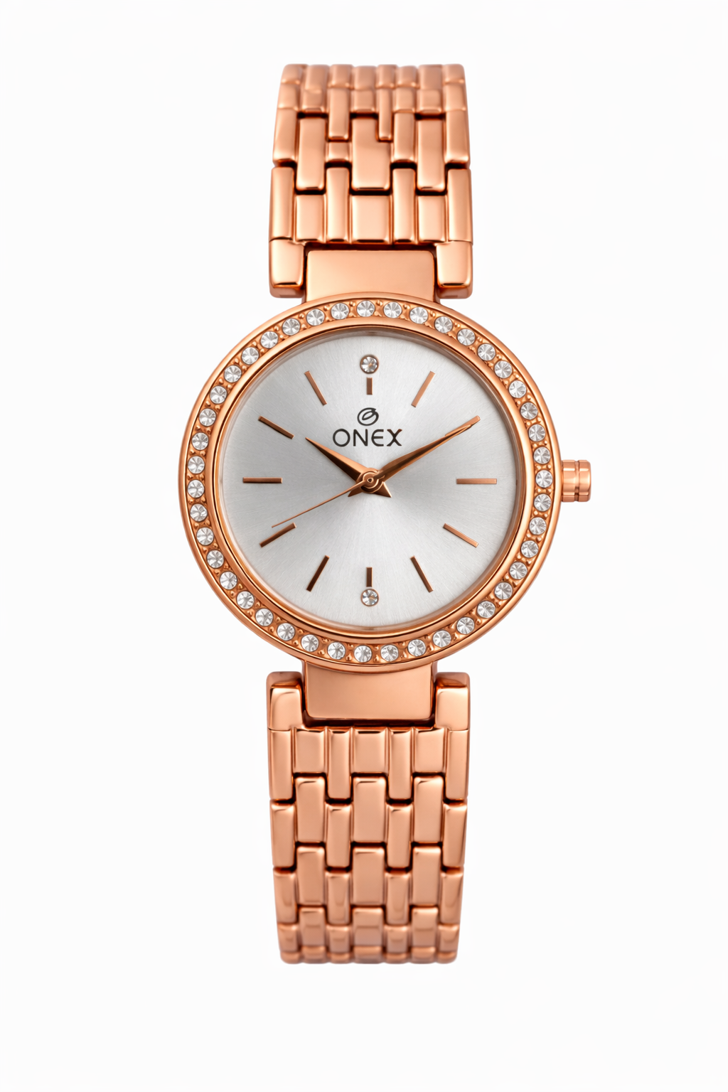 Onex Women’s Rose Gold Bracelet Watch with Crystal Studded Bezel | Elegant Slim Analog Watch for Ladies | Premium Stainless Steel Strap | Party & Formal Wear
