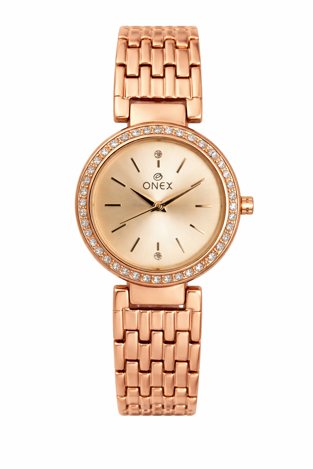 Onex Women’s Rose Gold Bracelet Watch with Crystal Studded Bezel | Elegant Slim Analog Watch for Ladies | Premium Stainless Steel Strap | Party & Formal Wear