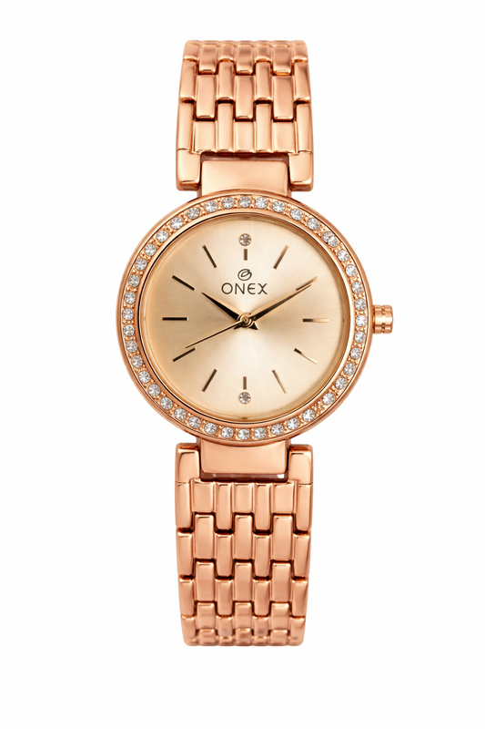 Onex Women’s Rose Gold Bracelet Watch with Crystal Studded Bezel | Elegant Slim Analog Watch for Ladies | Premium Stainless Steel Strap | Party & Formal Wear