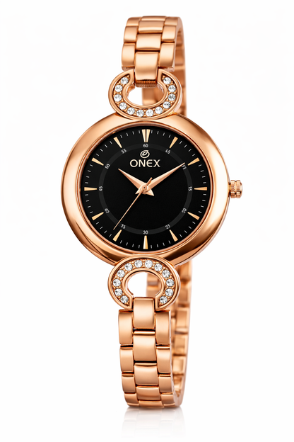 Onex Women’s Black Dial Rose Gold Bracelet Watch with Crystal Accents