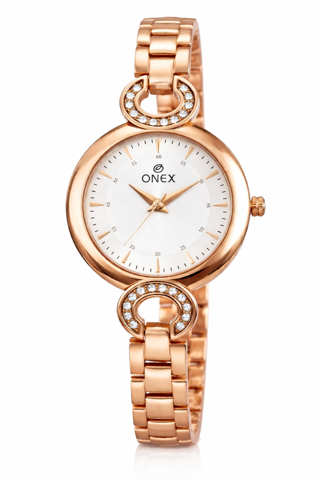 Onex Women’s Silver Dial Rose Gold Bracelet Watch with Crystal Accents