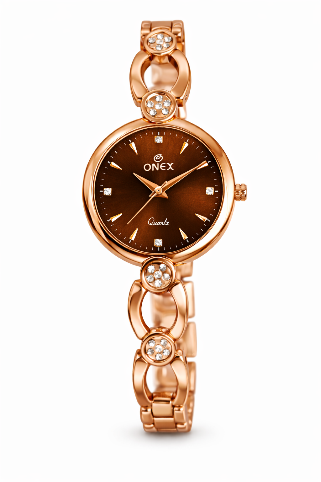 Onex Women’s Rose Gold Bracelet Watch with Crystal Studded Links & Sunray Dial
