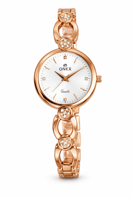 Onex Women’s Rose Gold Bracelet Watch with Crystal Studded Links & Sunray Dial