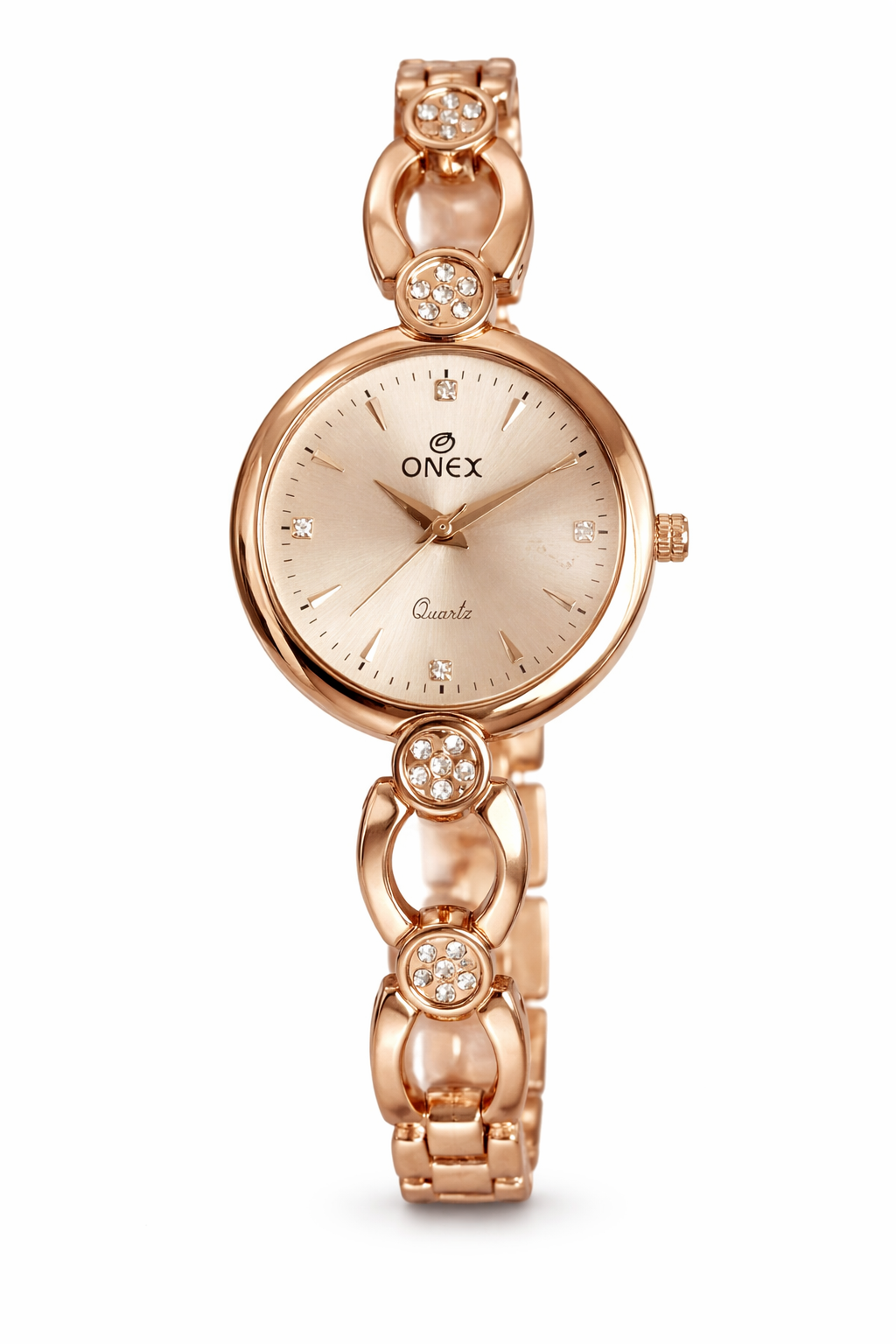 Onex Women’s Rose Gold Bracelet Watch with Crystal Studded Links & Sunray Dial