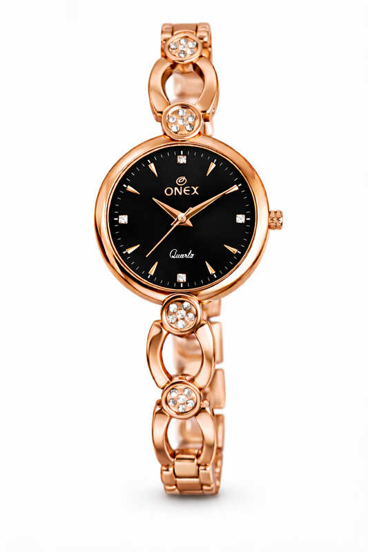 Onex Women’s Rose Gold Bracelet Watch with Crystal Studded Links & Sunray Dial