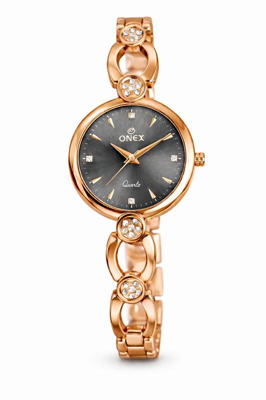 Onex Women’s Rose Gold Bracelet Watch with Crystal Studded Links & Sunray Dial