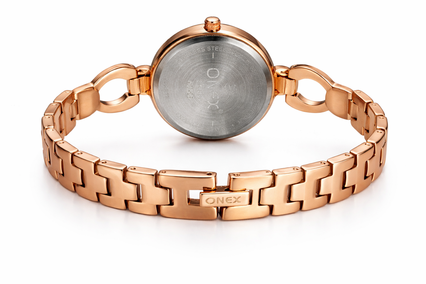 Onex Women’s Rose Gold Bracelet Watch with Crystal Studded Links & Sunray Dial