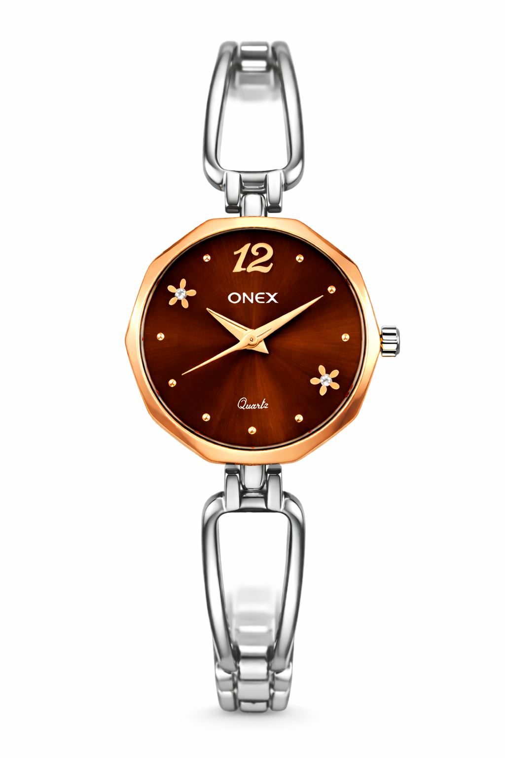 Onex Women’s Rose Gold - Silver Two Tone Bracelet Watch with Brown Dial & Crystal Flower Accents