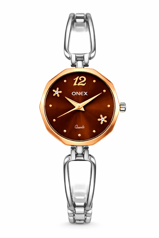 Onex Women’s Rose Gold - Silver Two Tone Bracelet Watch with Brown Dial & Crystal Flower Accents