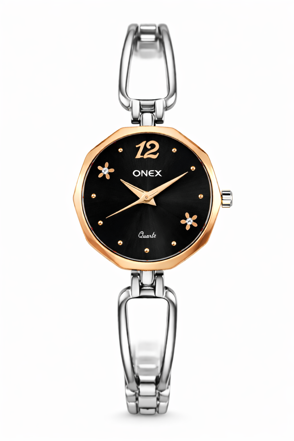 Onex Women’s Rose Gold - Silver Two Tone Bracelet Watch with Black Dial & Crystal Flower Accents