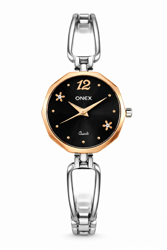 Onex Women’s Rose Gold - Silver Two Tone Bracelet Watch with Black Dial & Crystal Flower Accents