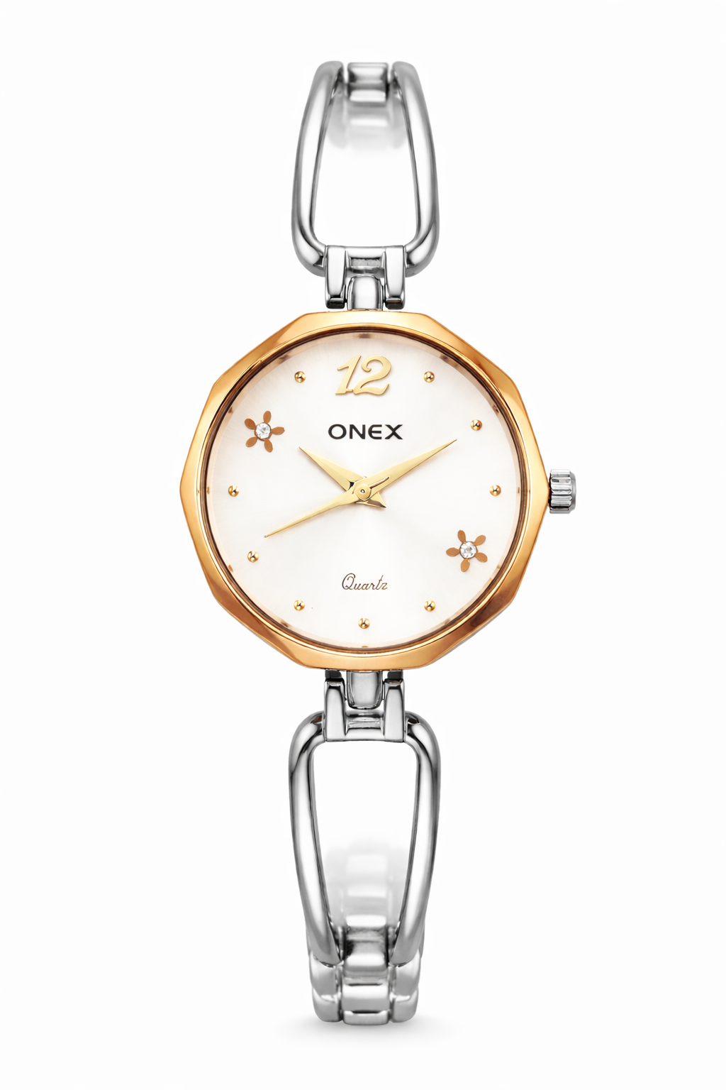Onex Women’s Rose Gold - Silver Two Tone Bracelet Watch with Silver Dial & Crystal Flower Accents