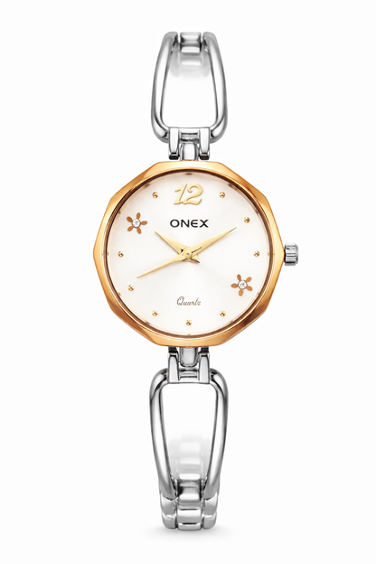 Onex Women’s Rose Gold - Silver Two Tone Bracelet Watch with Silver Dial & Crystal Flower Accents
