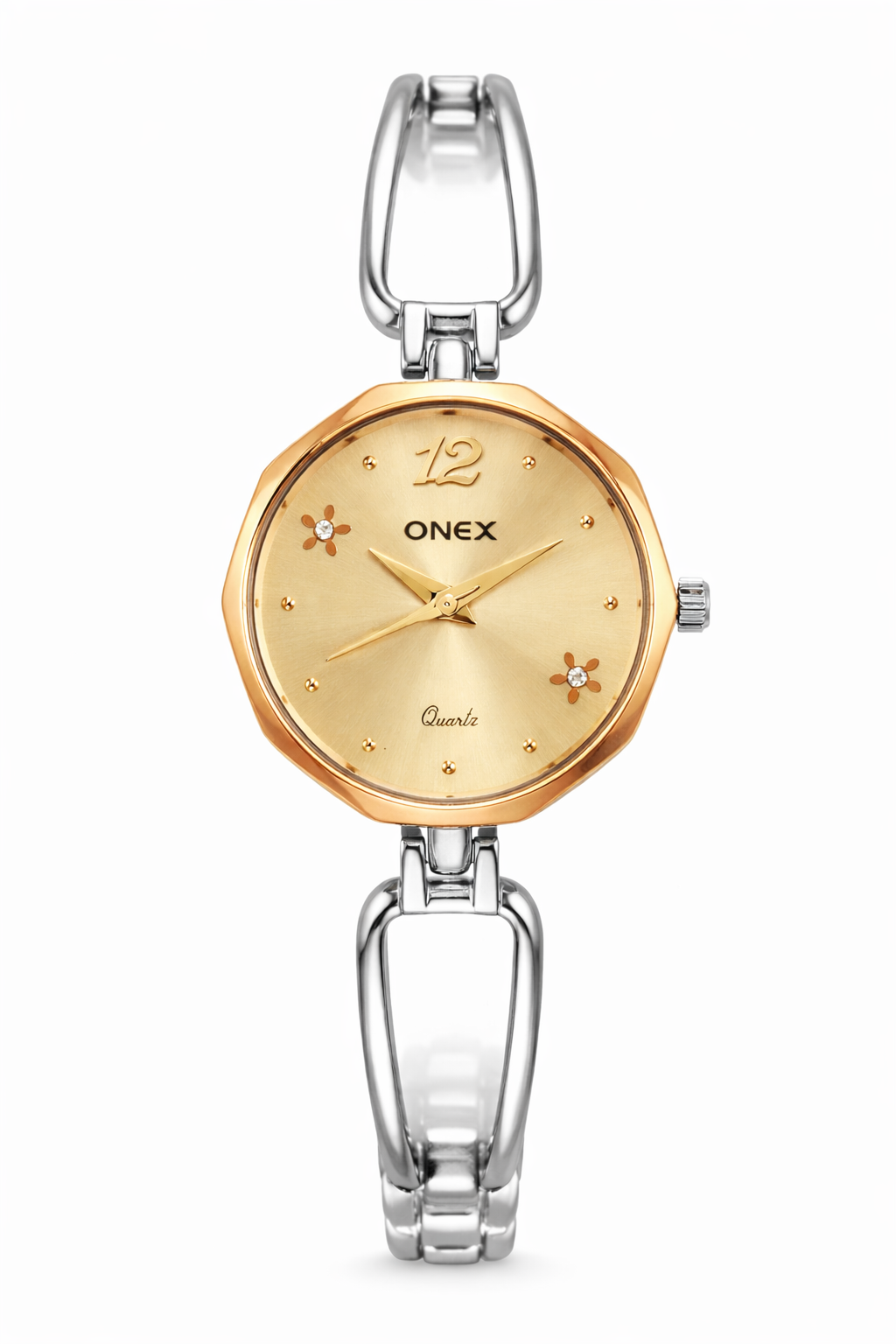 Onex Women’s Rose Gold - Silver Two Tone Bracelet Watch with Rosegold Dial & Crystal Flower Accents