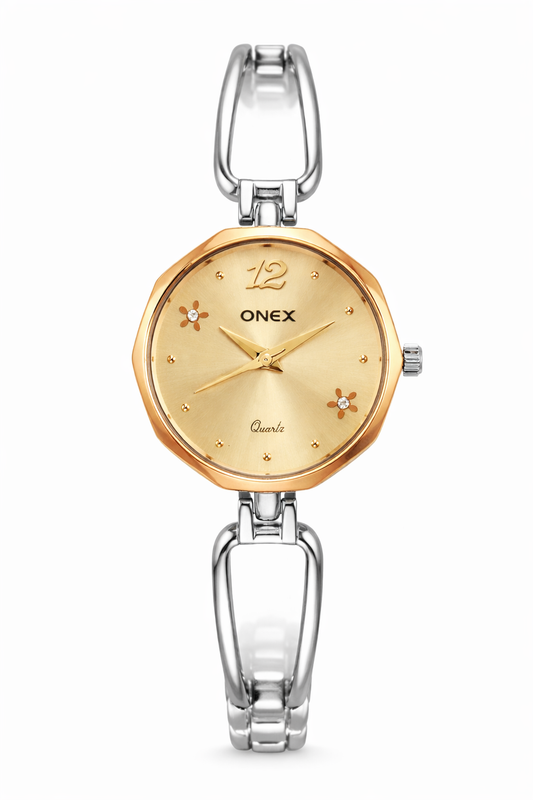 Onex Women’s Rose Gold - Silver Two Tone Bracelet Watch with Rosegold Dial & Crystal Flower Accents