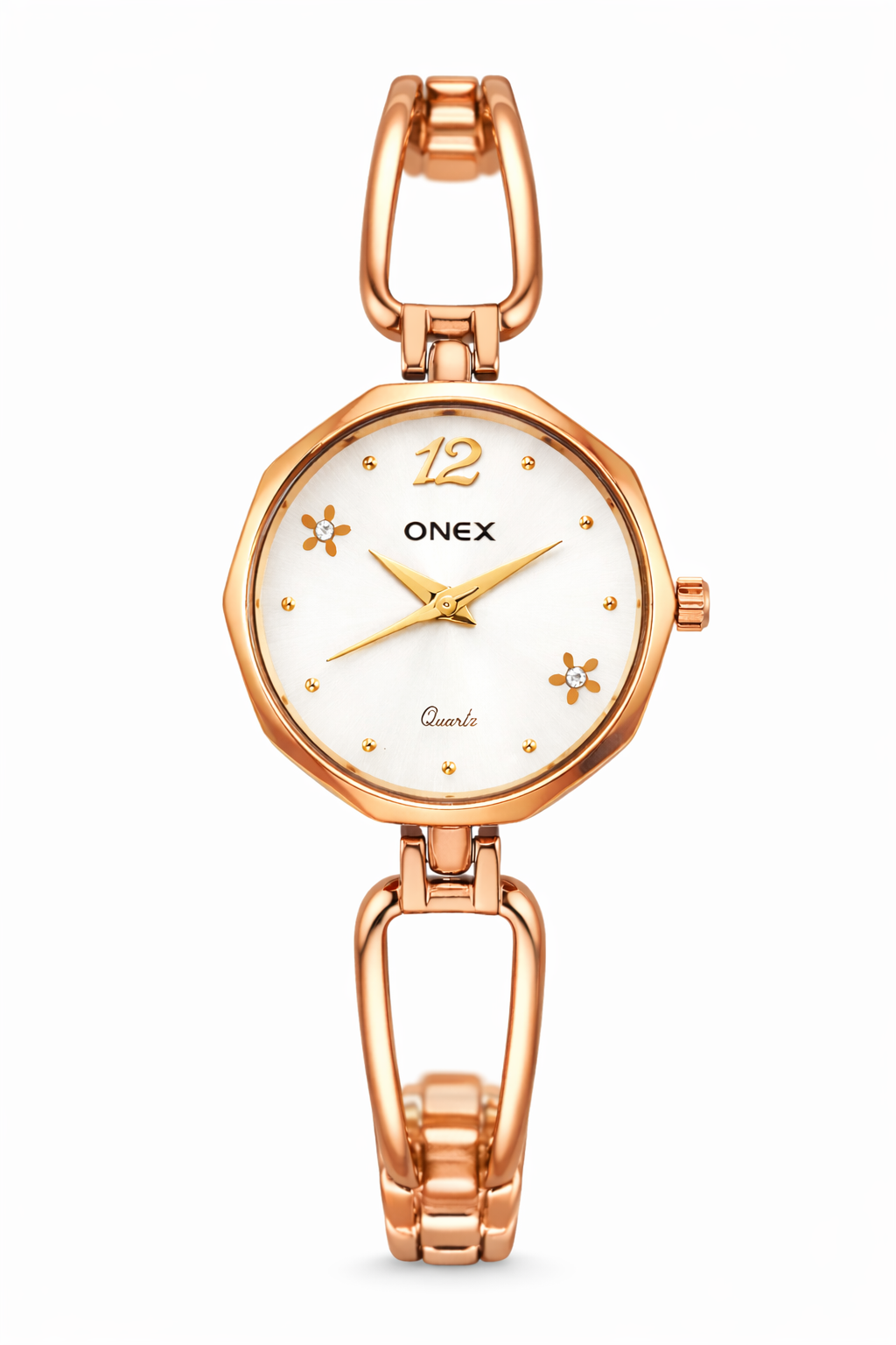 Onex Women’s Rose Gold Bracelet Watch with Silver Dial & Crystal Flower Accents