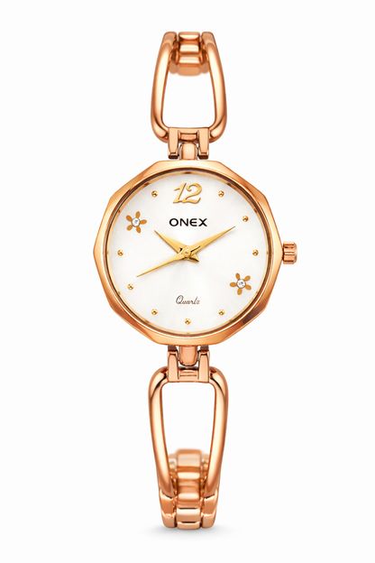 Onex Women’s Rose Gold Bracelet Watch with Silver Dial & Crystal Flower Accents