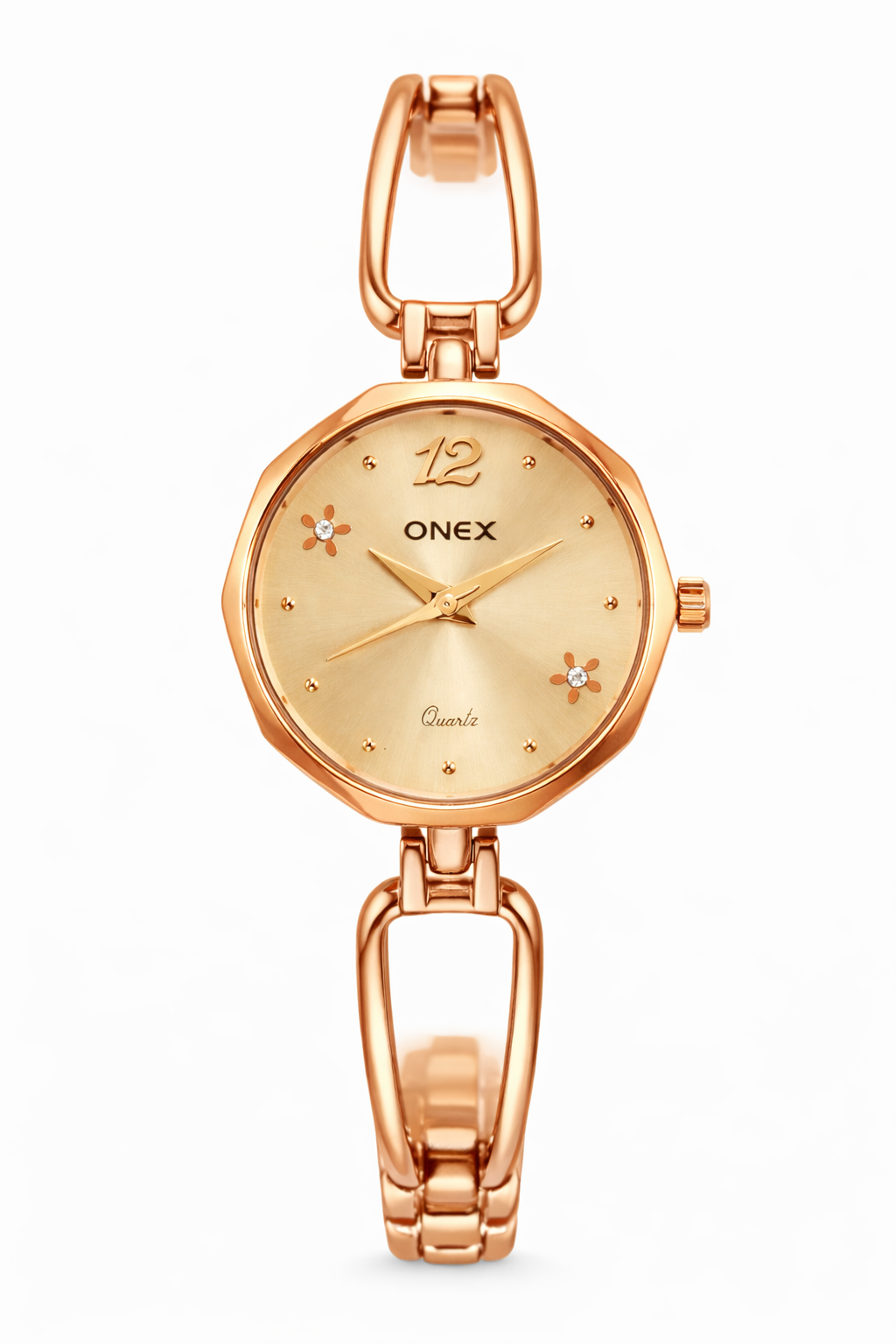 Onex Women’s Rose Gold Bracelet Watch with RoseGold Dial & Crystal Flower Accents