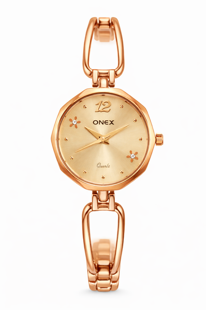 Onex Women’s Rose Gold Bracelet Watch with RoseGold Dial & Crystal Flower Accents