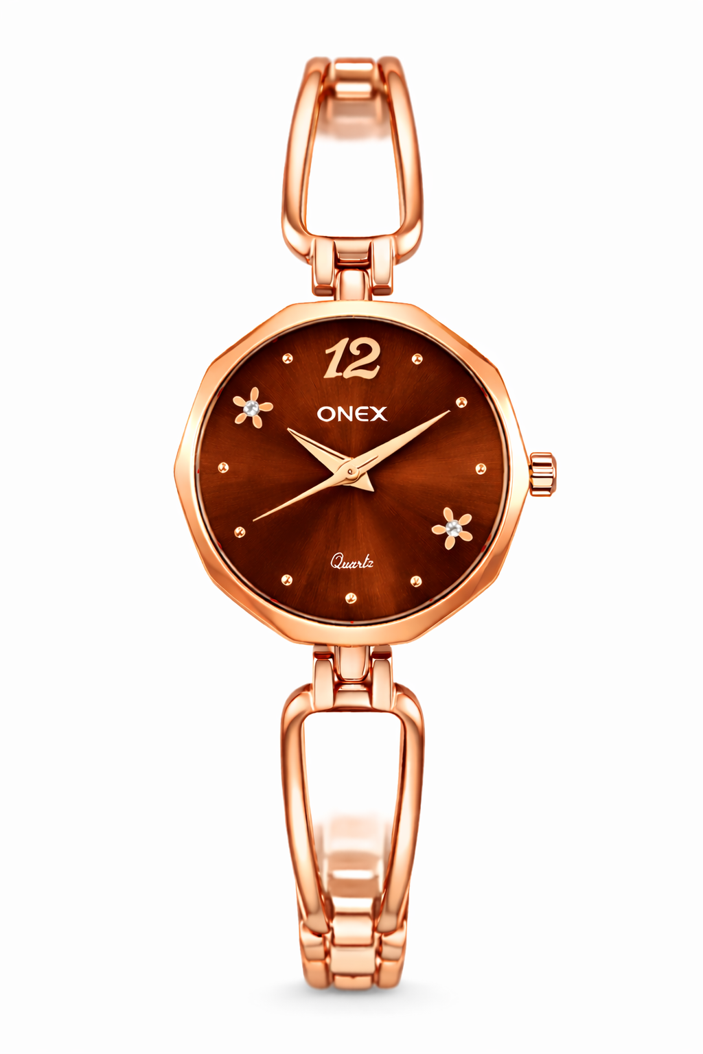 Onex Women’s Rose Gold Bracelet Watch with Brown Dial & Crystal Flower Accents