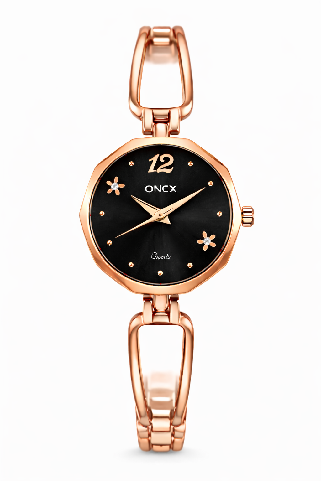 Onex Women’s Rose Gold Bracelet Watch with Black Dial & Crystal Flower Accents