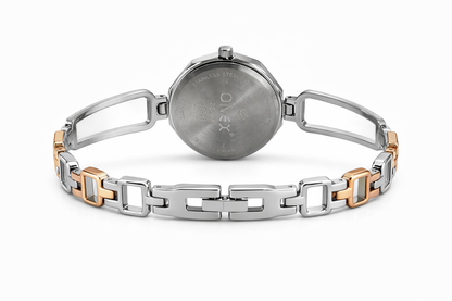 Onex Women’s Rose Gold - Silver Two Tone Bracelet Watch with Rosegold Dial & Crystal Flower Accents