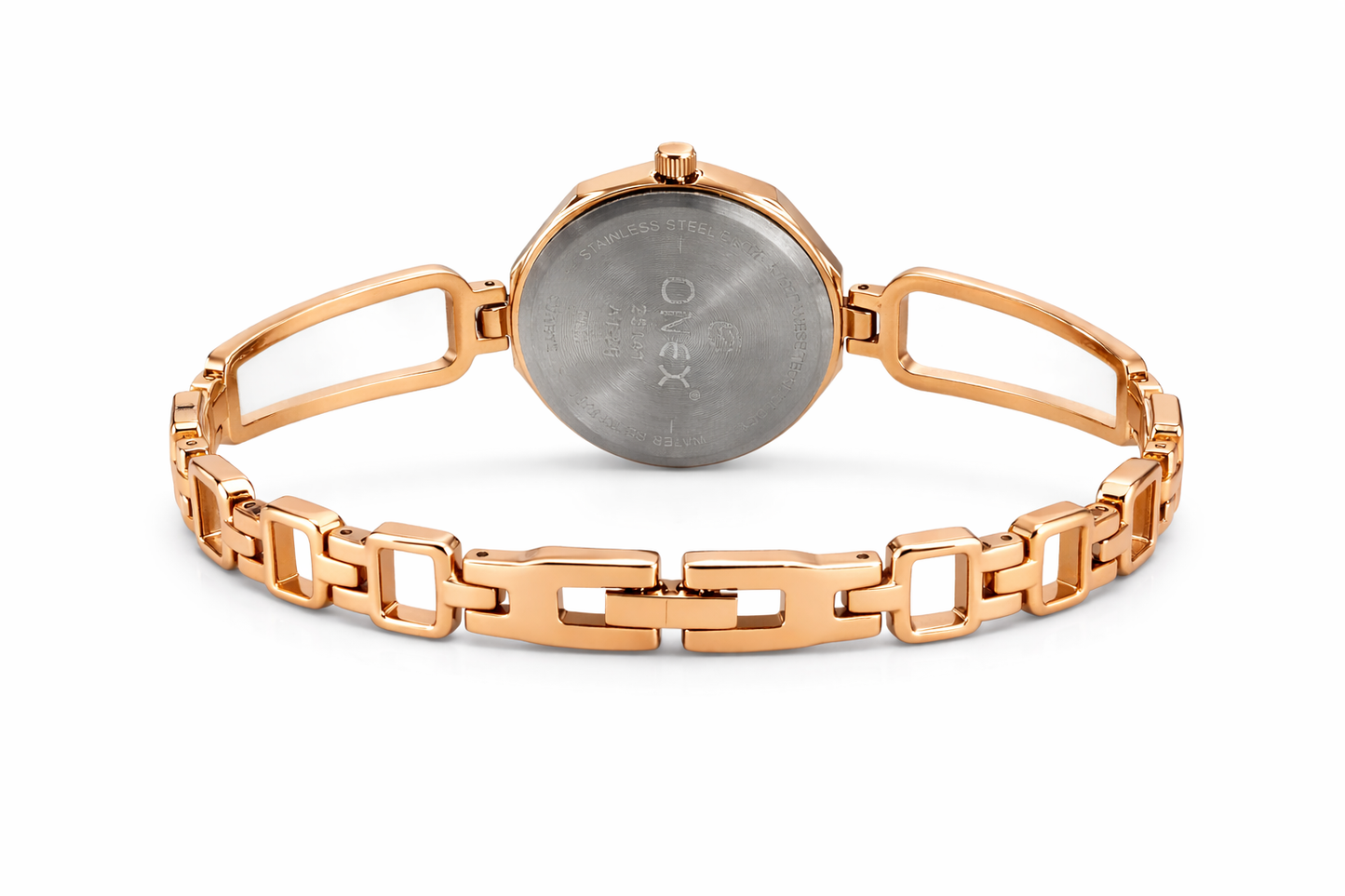 Onex Women’s Rose Gold Bracelet Watch with Black Dial & Crystal Flower Accents