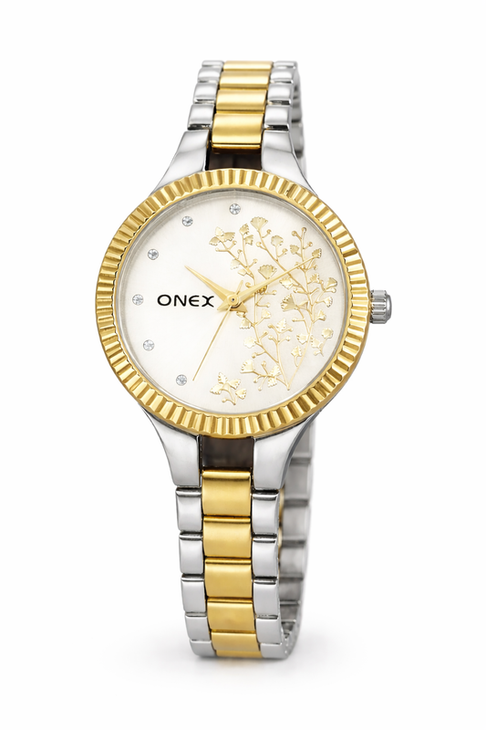 Onex Women’s Two Tone Silver Dial Analog Watch | Fluted Gold Bezel | Stainless Steel Silver & Gold Bracelet | Elegant Floral Design | Premium Ladies Wrist Watch
