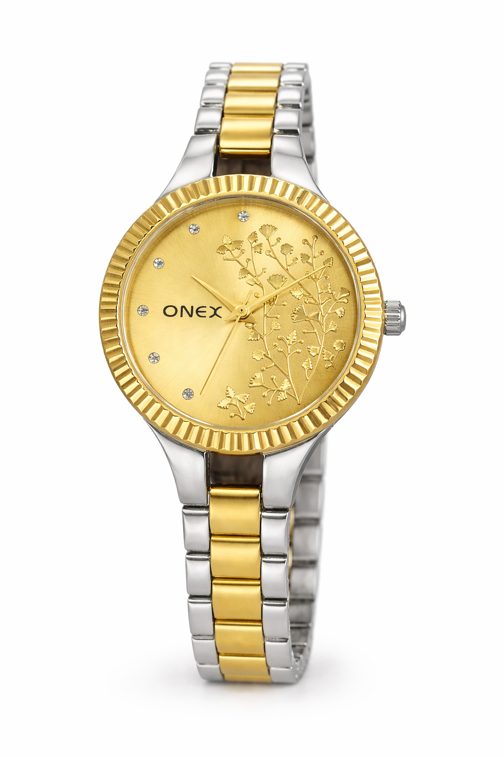 Onex Women’s Two Tone Gold Dial Analog Watch | Fluted Gold Bezel | Stainless Steel Silver & Gold Bracelet | Elegant Floral Design | Premium Ladies Wrist Watch