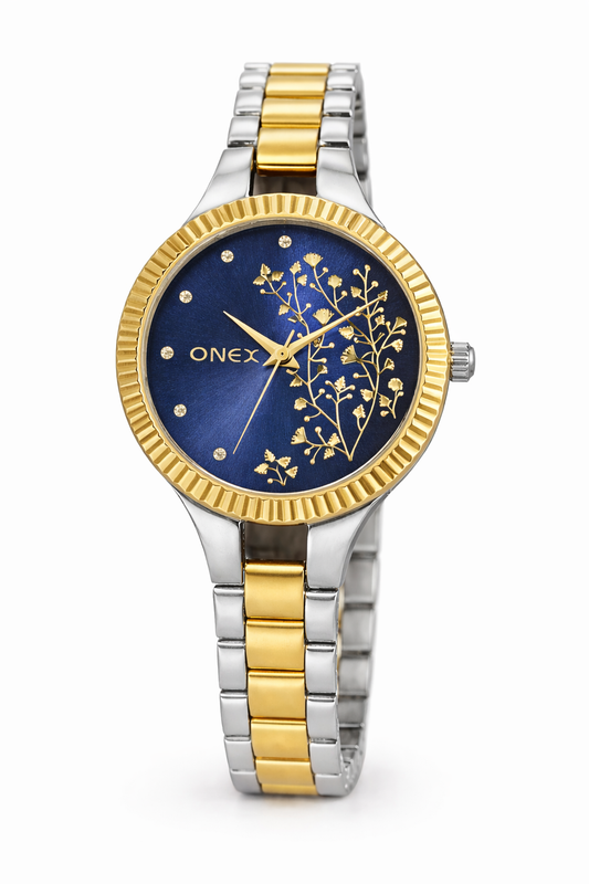 Onex Women’s Two Tone Blue Dial Analog Watch | Fluted Gold Bezel | Stainless Steel Silver & Gold Bracelet | Elegant Floral Design | Premium Ladies Wrist Watch